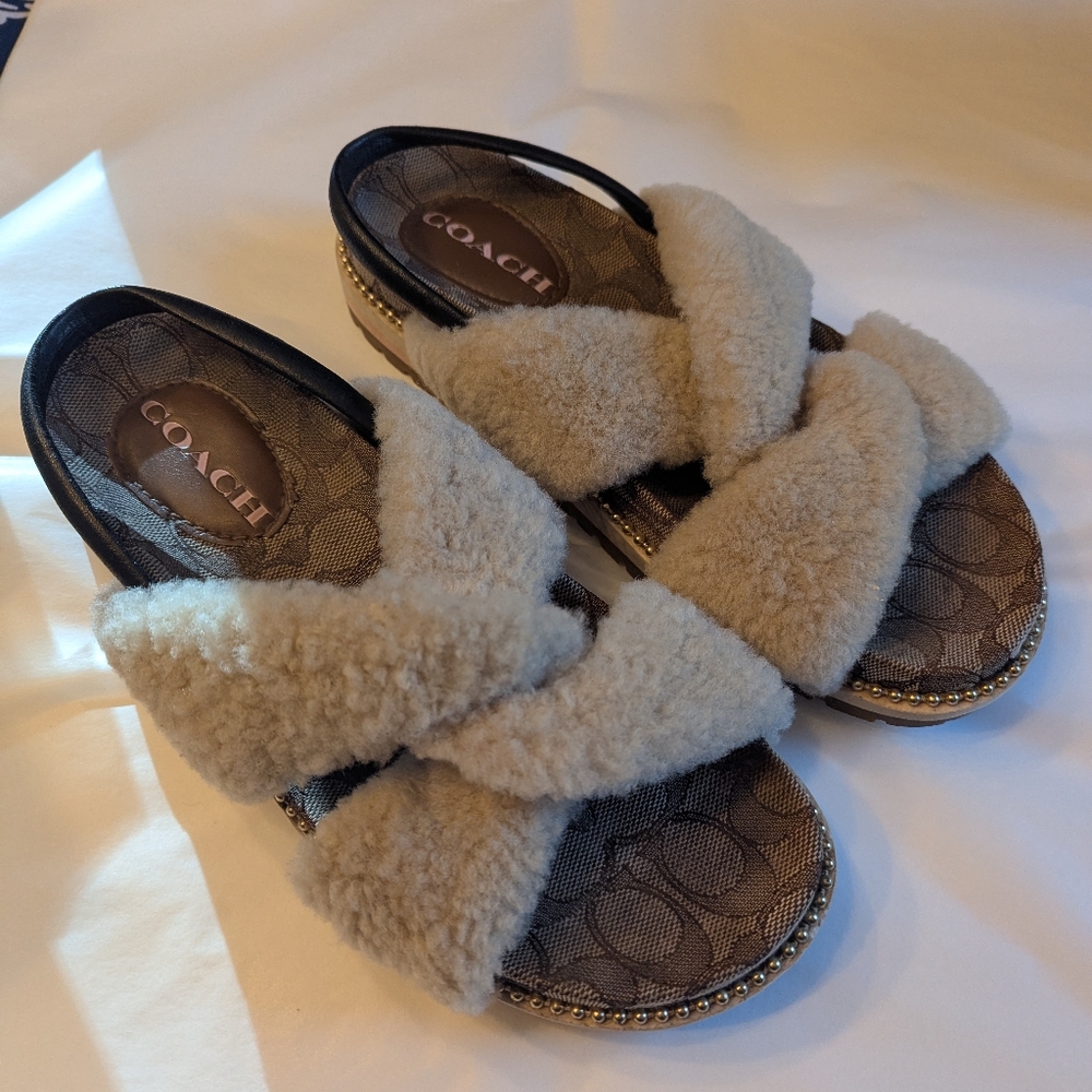 Coach Women's 8B Tally Beige Fuzzy Slippers With Beads - Picture 3 of 10